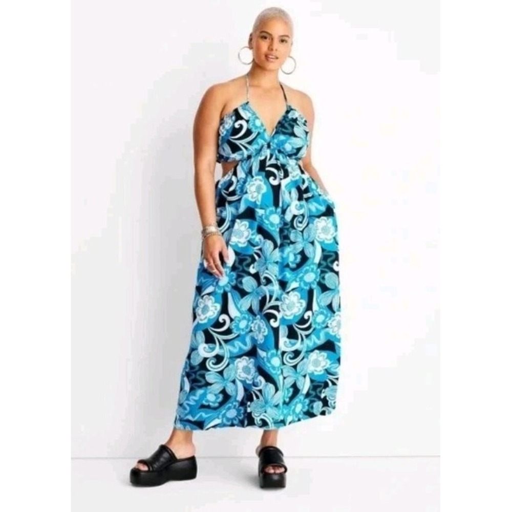 Future Collective Womens‎ Alani Noelle Halter Dress Size 1X Black Blue Paisley